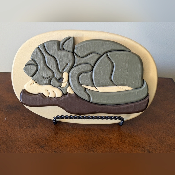 INTARSIA HAND CRAFTED 3D WOOD CARVED CAT PLAQUE WALL ART - Picture 2 of 10